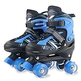 LOKJIJI Rollschuhe für Kinder Jungen Mädchen Anfänger, Einstellbar 4 Größen für Kinder und Jugendliche Teenager, Quad Schwarz&Blau Rollschuhe für Sport (Small_28-32 EU)