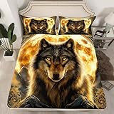 Wolf Spannbettlaken S Größe, Western Wildlife Animal Print Matratzenbezug für Schlafzimmer, Exotic Circle Glowing Moon Boho Polyester Bettbezug (kein Top Sheet), 1 Passend für 1 Kissenbezug
