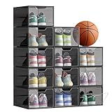 SONGMICS Schuhboxen, Schuh-Organizer aus Kunststoff, mit Tür, durchsichtig, 12er Set, stapelbar, einfache Montage, 34 x 25 x 18,4 cm, für Schuhe bis Größe 44, transparentes Schwarz LSP412B01