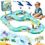 Joellfuner Wasserbahn Kinder Draußen, Wasserbahnset mit 2 Booten, 6 Tierfiguren, 2 Wasserpistolen und Angelfunktion, 2 in 1 Wasserspielzeug Kinder Outdoor, Wassertisch Spielzeug für Kinde ab 3+