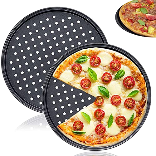 Pizzablech, 2er Set, rund,∅ 32 cm Pizzaform, antihaftbeschichtet,Pizza-Pfanne mit Löchern, Pizza & Flammkuchen, Carbonstahl, Knusperblech (2er-32 cm)