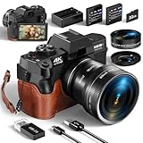 Monitech Kamera für Fotografie und Video, 4K 48MP Vlogging Kamera für YouTube mit 180° Flip Screen, 16X Digitalzoom, 52mm Weitwinkel, Lederhalterung & Riemen, 2 Batterien, 32GB TF Karte