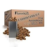 FLAMMBURO (8 kg Öko XXL Anzündwürfel vom Deutschen Hersteller + Vorratsdose, Grillanzünder, Kaminanzünder, Ofenanzünder, Anzündwürfel, Anzündwolle - DIN zertifizierte - Made in Germany - (8 kg)