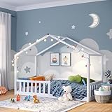 Bellabino Bia Kinderbett 90x200 cm – Hausbett mit Rausfallschutz & Lattenrost – Montessori Bodenbett aus Massivholz Kiefer – Kinder Bett in Weiß für Jungen und Mädchen