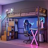 Dolamaní Hochbett 90x200 cm Erwachsene & Jugendliche mit Stauraum Treppe, Schreibtisch und Schrank, Regale, Mettalbett Bettrahmen (Schwarz)