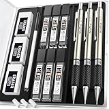 Nicpro 3 Stück Metall Druckbleistift Set, Kunst Bleistifte 0.7 mm mit 6 Dosen HB Bleistiftminen, 3 Radiergummis, zum Schreiben, Zeichnen und Skizzieren von Künstlern