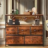 DUMOS Kommode mit Schubladen - kommoden & Sideboards für Schlafzimmer Geeignet, Komodenschrank mit 5 Schubladen, TV-Schrank mit Stabilem Stahlrahmen, Ideal für Schlafzimmer, Wohnzimmer (Vintagebraun)