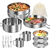 12er Set Camping Kochgeschirr Outdoor 2-3 Personen Edelstahl Camping Geschirr mit Topf Pot Plate Besteckset Faltbare Campinggeschirr für Picknick Backpacking Camping Wandern Pfanne Stapelbar