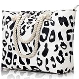 KALIDI Große Strandtasche mit Reißverschluss Wasserdicht Badetasche Strandtasche XXL Familie Beach Tote Bag mit Reißverschluss Große Shopper Damen Sporttasche Schultertasche, Leoparden