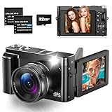 Digitalkamera 4K 48MP Autofokus Kamera Fotokamera mit 3' 180° Klappbildschirm, 4K Kompakte Digitalkameras mit 32GB Karte, 16X Digitalzoom, 2 Akkus für Anfänger, Teenager