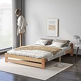 Merax Solide Massivholzbett Futonbett Massivholz Natur Bett aus mit Kopfteil und Lattenrost, Natur (200x140cm)