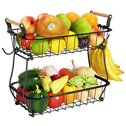 2-stöckiger Obstkorb mit 2 Bananenbügeln, Obst-Gemüse-Korb für die Küchentheke, Metalldraht, Aufbewahrungskorb, Obstständer, Halter, Organizer für Brot, Snacks, Gemüse, Schwarz