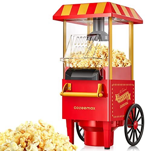 Popcornmaschine Retro, Cozeemax 1200W für Zuhause Popcornmaschine Maker mit Heissluft, Popcorn Machine ohne Fett Fettfrei Ölfrei, Eine-Taste-Operation, Popcorn Popper, Rot