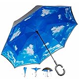 GOODS+GADGETS® Umgedrehter Regenschirm mit blauem Himmel und C-Griff für freie Hände; Invert-Stockschirm Schlauer Regen-Schirm mit 105cm Durchmesser
