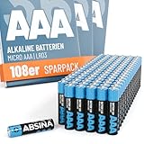 ABSINA 108x Batterien AAA Großpackung 1,5V Alkaline - Langlebige Micro LR03 AAA Batterien für Fernbedieung, Spielzeug, Wecker UVM