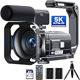 Videokamera 5K 56MP Camcorder Vlogging Kamera für YouTube,WiFi Nachtsicht 3' 270° drehbarer Touchscreen Video Vlogging Camera mit 64GB Karte, Mikrofon, Stabilisator, Fernbedienung,2 Batterien,Stativ