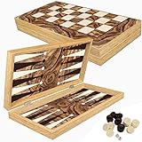 Deluxe Holz Backgammon Schach Set Olive im XXL Format 48x48,7 cm - Tavla Backgammon Holz Koffer Schachbrett klappbar