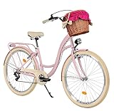 MILORD Damenfahrrad Citybike Komfort Mit Weidenkorb Hollandrad Vintage Fahrrad, 26, 28 Zoll, 7-Gang (Rosa-Creme, 28 Zoll)