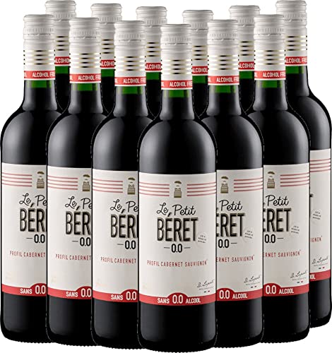 VINELLO 12er Weinpaket Rotwein - Le Petit Béret Rouge Intense Alkoholfrei - Le Petit Béret mit einem VINELLO.weinausgießer | 12 x 0,75 Liter
