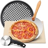 Pizzastein für Backofen, Pleafind 38cmx30cm Pizzastein-Set, Pizzastein aus Cordierit für Gasgrill Italienisches Pizzastein-Set für Pizza (5in1)，Set enthält Pizzablech, Pizzaspachtel und Pizzaschneider
