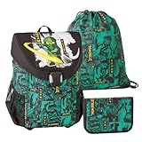 SKANDO BAGS Lego® - Jungen Easy Schulranzenset 3tlg. - NINJAGO®, Green 2023 - Mit Turnbeutel, Federmäppchen (inkl. Aller nötigen Schreibutensilien) - Leichtgewicht und hoher Komfort