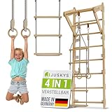 Juskys Sprossenwand für Kinder - mit Klimmzugstange, Indoor Klettergerüst mit Turnringen und Strickleiter, Kletterwand fürs Kinderzimmer, Turnstange