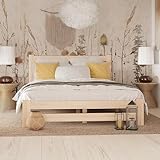 Holzbett 160x200 cm mit Lattenrost Modern Bett Bed Kiefer Massiv Bettgestell Doppelbett Massivholzbett Klassisch | Komfortabel & Langlebig | Skandinavisch Boho Landhaus Kopfteil hoch natur