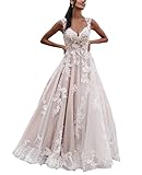 SEVENYXX Damen Brautkleid Lang A-Linie Standesamt Hochzeitskleid Prinzessin Spitzen Brautmode Kleid, Ivory, 44