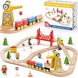 Tiny Land 55Pcs Holzeisenbahn Set, Eisenbahn Holz für Kinder mit Kran, Kombinierbar Zug Spielzeug, Holzeisenbahn Zubehör Passend für Alle Großen Marken, Holzzug Spielzeug für Kinder ab 2~5