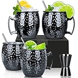 Moscow Mule Becher, Set 4er, Gunmetal schwarz 550ml, Moscow Mule Mug mit 4 Becher, 4 Trinkhalme, 1 Messbecher für Kaltes Getränk, Bier, Gin, Vodka, Cocktails und Wasser Genießen