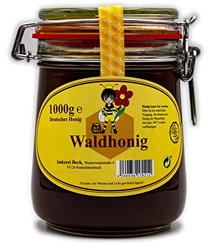 ImkereiBeck® - Echter Deutscher Imkerhonig im 1kg / 1000g Honigtopf - Honig vom Imker aus Bayern im wiederverwendbarem hochwertigem Bügelglas (Waldhonig)
