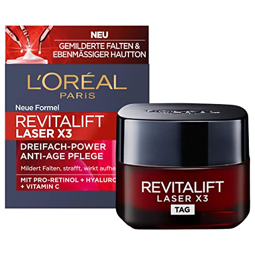 L'Oréal Paris Tagespflege, Straffende und aufpolsternde Anti-Aging Gesichtspflege mit 3-fach Wirkung, Mit Hyaluronsäure, Vitamin C und Pro-Retinol, Revitalift Laser X3, 50 ml