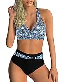 Adigaber Damen Zweiteiliger Badeanzug V Ausschnitt überkreuztes Blumenmuster Bikini Bademode Bauchkontrolle Bikini Sets XL Blauer und schwarzer Druck