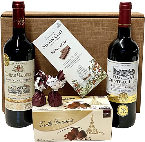 Geschenkset französischer Genuss | 2 x französischer Rotwein (Bordeaux) trocken | Schokoladentrüfffel | Schokolade 70% Cacao | 2 x Feigen in Schokolade