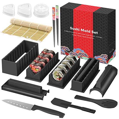 SKYSER Sushi Maker Kit, 17 Pieces Sushi Maker Set for Beginners, 8 Shapes Sushi Making Kit Complete, DIY Sushi Home Mat Set with Sushi Knife, Rice Ball Moulds and Chopsticks, Black