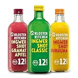 Kloster Kitchen Bio Ingwer Shot 3er Mix 12SHOTS 3x 360 ml mit echten Ingwerstückchen I Ingwershot vegan I Glasflasche I süß-scharf ohne Zusatzstoffe & mit natürlicher Süße (inkl. 0,75€ EINWEG Pfand)