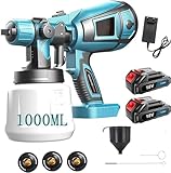Akku Farbsprühsystem,kompatibel mit Makita 18V Akkus, Aktualisiert Sprühpistole Akku，mit 3 Düsen, 3 Spritzmuster,1000ml Farbsprühgerät,zum Streichen von Gartenzaun Sprühgerät (2x3000mAh Akku)