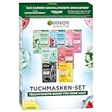 Garnier Tuchmasken Set für jeden Hauttyp, 7 Gesichtsmasken für trockene bis normale Haut, Vegane Formel mit Hyaluronsäure, Hydra Bomb und Nutri Bomb Maskenset, 7 x 28 g