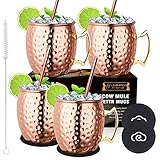 LIVEHITOP 4 Stück Moscow Mule Kupfer Becher Set, 19.5 Oz Handgemacht Cocktail Tasse for Kaltes Getränk, Wein, Bar, Party, Geschenkset, mit 4 Untersetzer