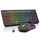 RedThunder K20 Rechargeable Kabelloses Gaming Tastatur und Maus Set, QWERTZ DE Layout, RGB Hintergrundbeleuchtung + Multimedia Funktionstasten, 4800DPI Kabelloses Maus für PC Mac Laptop(Schwarz)