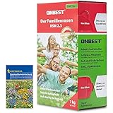 ONBEST Qualitäts Rasensamen RSM 2.3 für die ganze Familie – 1kg Sport und Spielrasen – strapazierfähig, sattgrün & pflegeleichter Rasen/Gras – Samen ideal für Neuansaat und Nachsaat – Mit Blumensamen