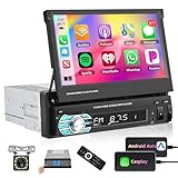 Motorsi 1 Din Autoradio mit A-pple Carplay/Android Auto, 7 Zoll Einziehbarer Bildschirm mit Bluetooth Freisprechfunktion/Lenkradkontrolle/FM/USB/AUX/TF+HD Rückfahrkamera