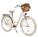 Milord. 26 Zoll 1-Gang Creme-braun Komfort Fahrrad mit Korb und Rückenträger, Hollandrad, Damenfahrrad, Citybike, Cityrad, Retro, Vintage