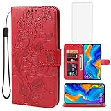 Yerebel Handyhülle für Huawei P30 Lite/Nova 4E MARLX3A Hülle mit Folie Schutzfolie, PU Lederhülle Geldbörse Ständer Schutzhülle Klapphülle Kartenfach für Huawei P30 Lite Rot