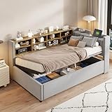 Polsterbett Schlafsofa 90*200 cm, Mit Hydraulischem Stauraum, Mit Nachtlicht, USB- und Typ-C-Ladeanschluss, Mit Ablagen und Staufächern, Gepolstertes Kopfteil, Multifunktionsbett, Samtstoff, Hellgrau