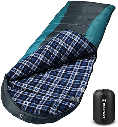 Bessport Schlafsack Flannel für Camping 3-4 Jahreszeiten - 10 °C-15°C | Winter Schlafsack Leichtgewichtig, Wasserdicht und Warm für Erwachsene und Kinder,Rucksackreisen,Camping, Wandern und Reisen