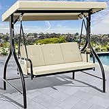 YITAHOME Hollywoodschaukel, 3-Sitzer Gartenschaukel mit Liegefunktion mit Verstellbarem Baldachin und Abnehmbarem Kissen, Geeignet für Erwachsene im Garten, Pool, Balkon, Beige