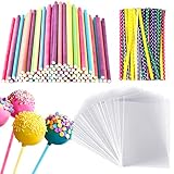 Yoosso 300 Stück Cake Pop Stiele Set, 100 Süßigkeiten Tüten 100 Lollipop Sticks mit 100 Twist Ties für Süßigkeiten Gebäcke Kekse Bonbons