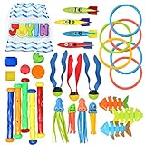 JOYIN 30 Stück Tauchen Spielzeug Unterwasser, Kinder Tauchspielzeug Set: 5 Tauchstäbe, 6 Tauchringe, 5 Piratenschätze, 4 Toypedo Banditen, 3 Algenspielzeug, 3 Fischspielzeug, 4 Krake