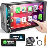 7' kabelloses Doppel-DIN-Autoradio mit Carplay Android Auto-Touchscreen, Auto-Audio-Receiver-Headunit, Bluetooth 5.3, Rückfahrkamera, FM/AM/RDS, SWC, Mirrorlink, Schnellladefunktion